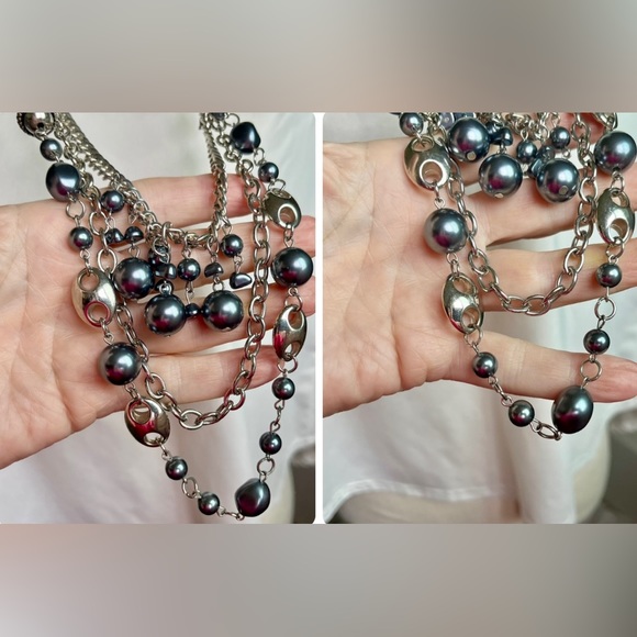 Necklace silver/gray beads black ribbon asymmetrical  jewelry - Picture 10 of 15